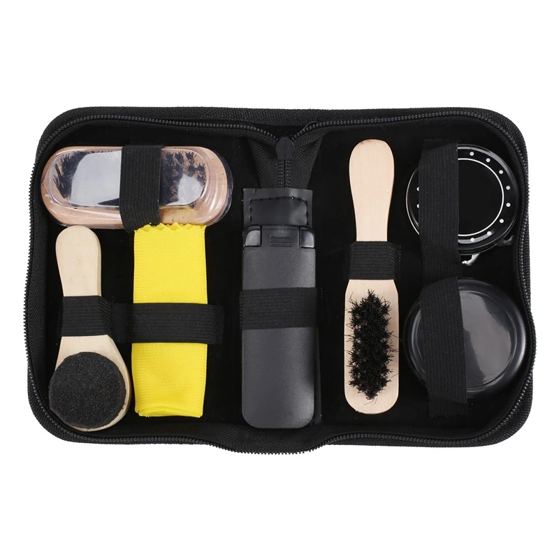 Portable Shoe Care Kit (Black & Neutral Shoe Shine Polish Oil, 3 Brushes, 1 Buffing Cloth, 1 Suit Brush, Storage Case)