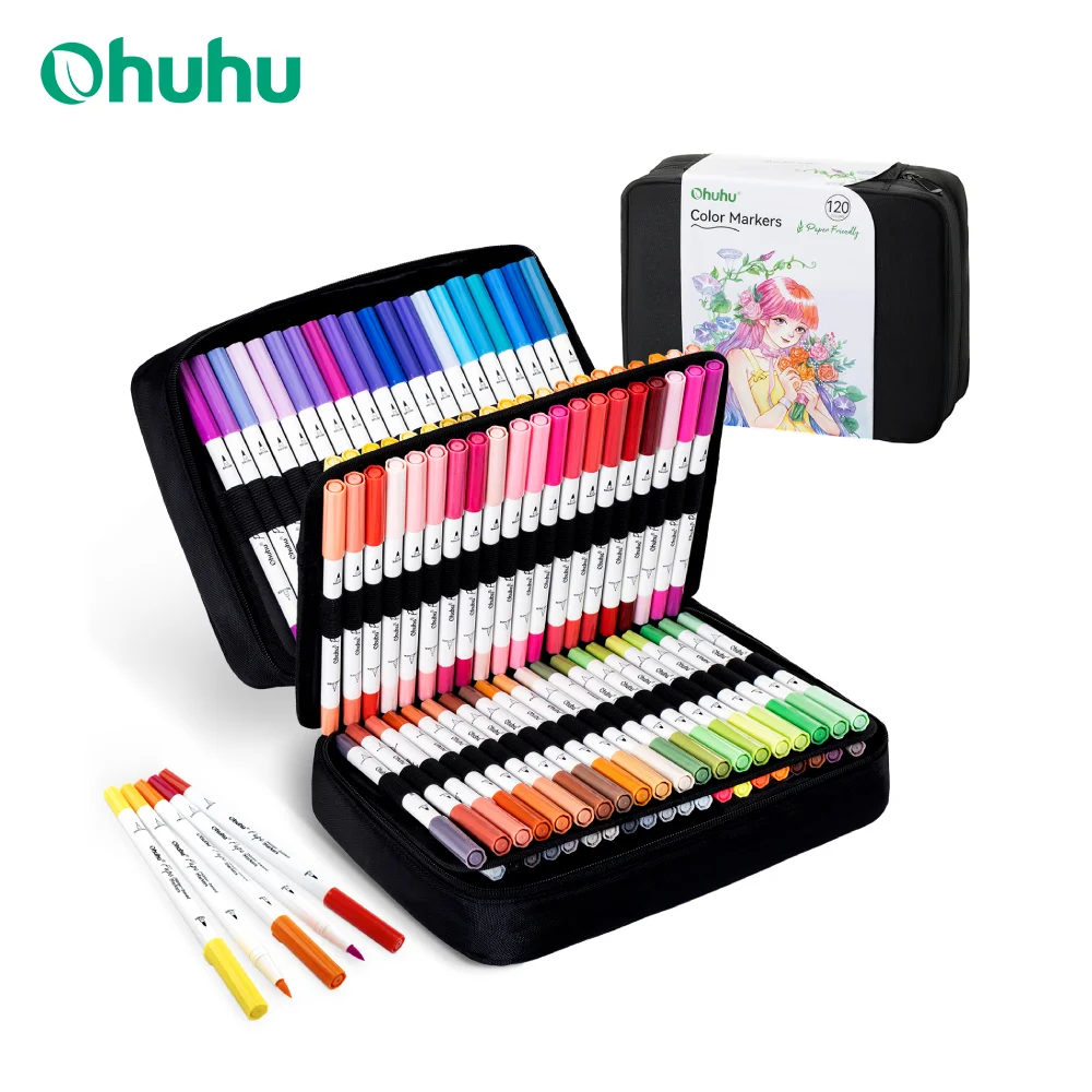 

Ohuhu Markers Paper-friendly No Peeling Water-based 120 Colors Dual Brush Fineliner Tips Markers No Bleeding Drawing Pens Pupe