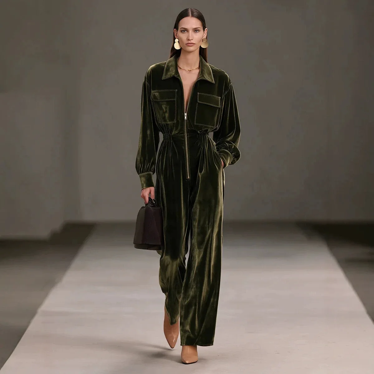 Women Autumn winter Velvet Jumpsuit Lapel Zipper Long Sleeve High Waist Wide Leg Rompers Elegant Solid Streetwear Overalls 2027