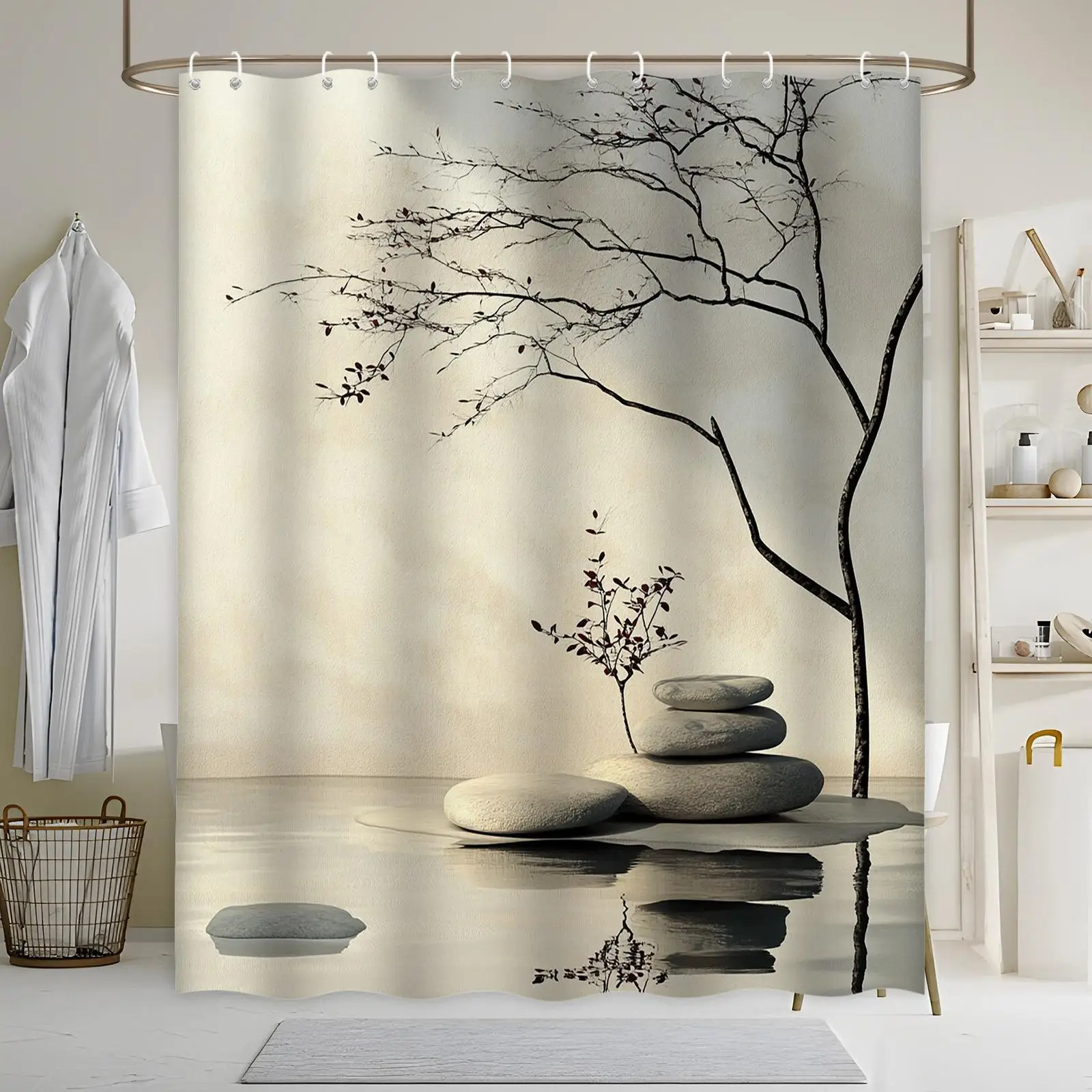 Minimalist Japanese Ink Wash Tree and Stacked Stones Bathroom Shower Curtain for Zen Spa Decor