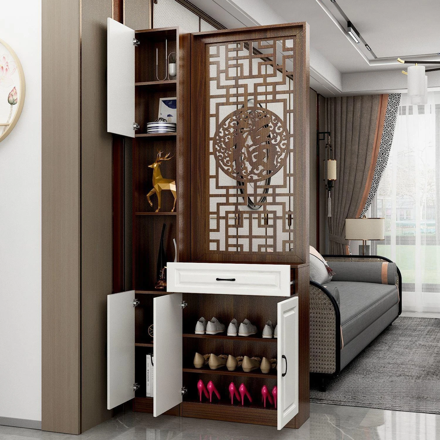 Screen partition, living room blocking, high-grade solid wood partition cabinet, shoe cabinet integrated entrance door
