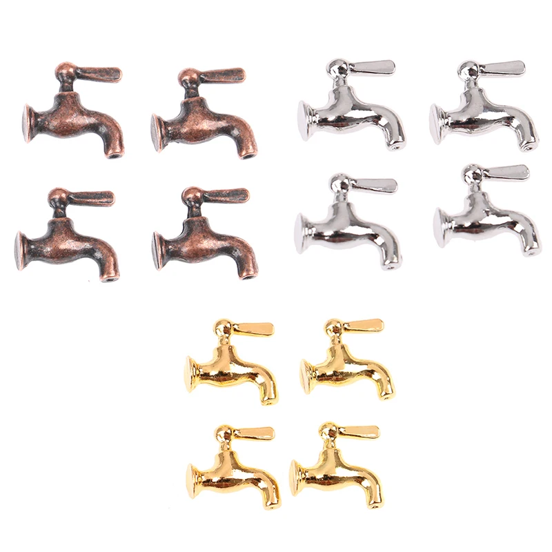 4 stks/set Poppenhuis Miniatuur Metalen Waterkraan Kraan Badkamer Accessoires