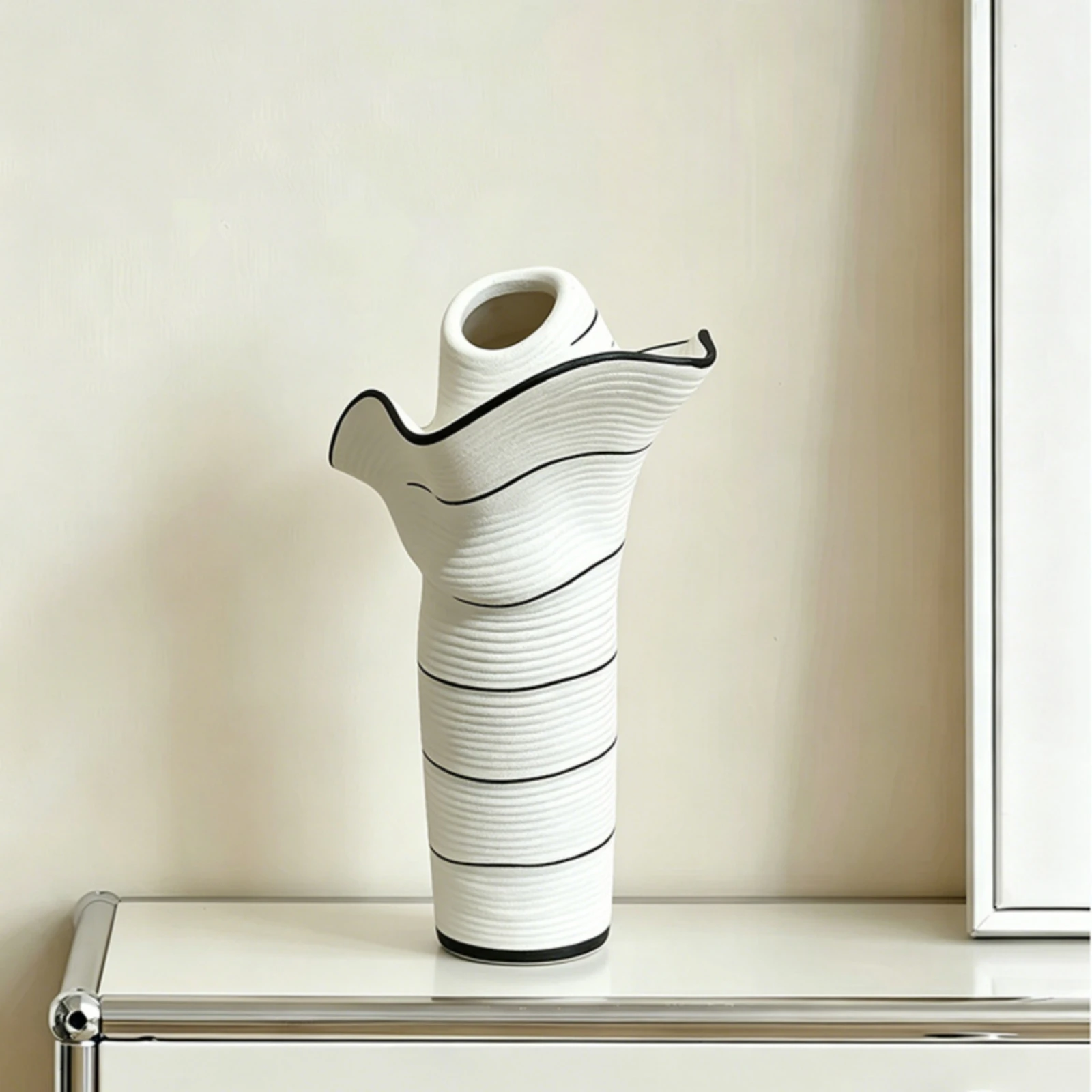 Hat-Shaped Vase Modern Minimalist Vase with Black Stripe Flower Holder Tall Elegant for Tabletop, Living Room