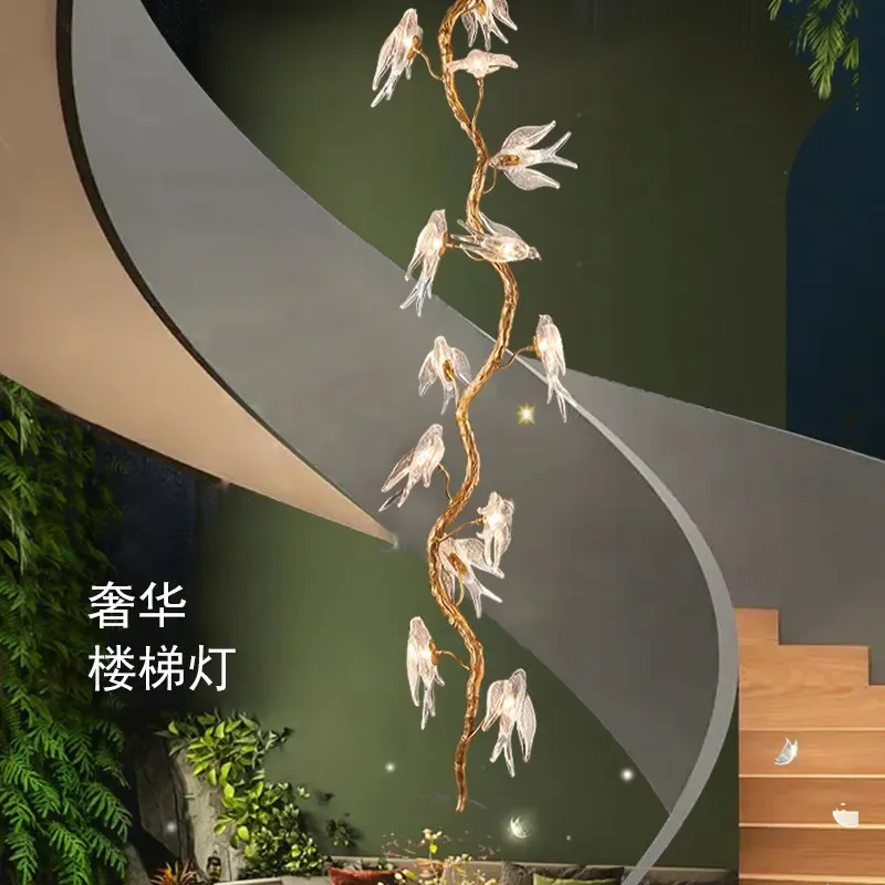Bird wabi-sandy wind stair chandelier art duplex light luxury creative  villa rotating living room hollow chandelier