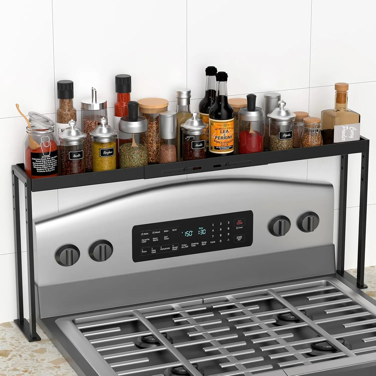 

Adjustable 4-Level Spice Rack for Stove Top, Expandable 27-33 Inch Kitchen Organizer with Guardrail, Black
