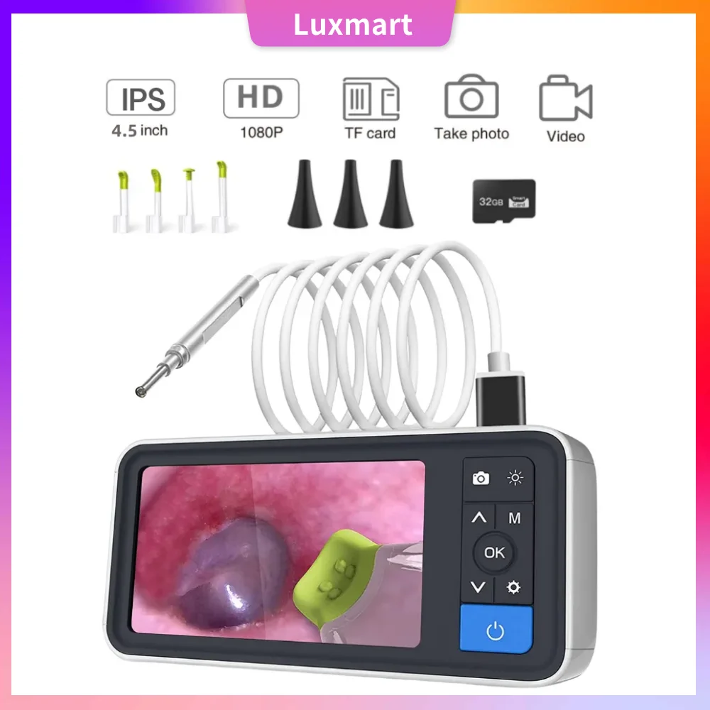 Otoscope Ear Endoscope 3.9mm 4.5 IPS 1080p HD Ear Scope Wax Removal Cleaner Tools With 2500mAh Rechargeable Battery