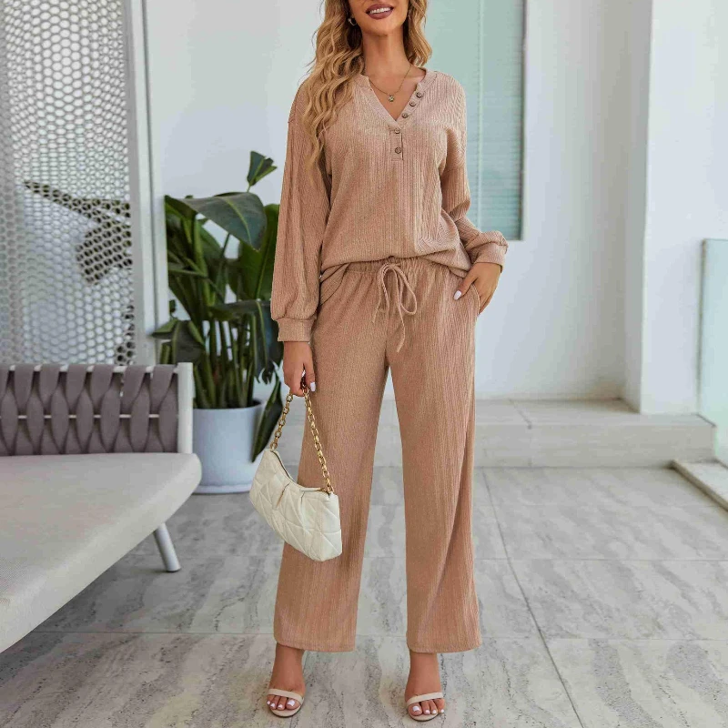 Krismile 2025 Autumn Pants Sets High-quality Solid Color V Neck Buttin Long Sleeve Pullovers Drawstring Trousers Pajama Sets