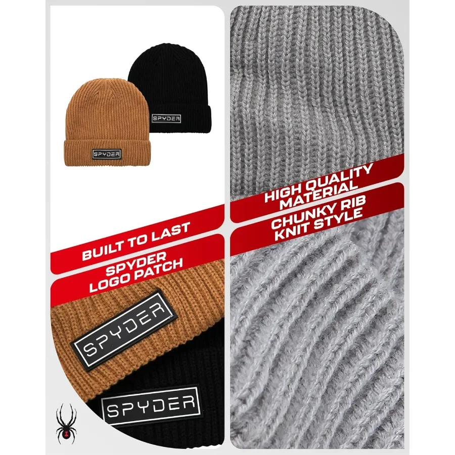 Gorro masculino de malha Spyder - 1 pacote/2 pacote de gorro de malha canelada aconchegante para homens – Chapéu de inverno quente com boné de caveira com remendo de logotipo bordado