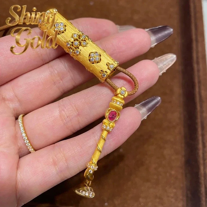 ShinyGold Ancient gold magic wand pendant 24K real gold brushed pendant exquisite women's new fashion design 9999 necklace