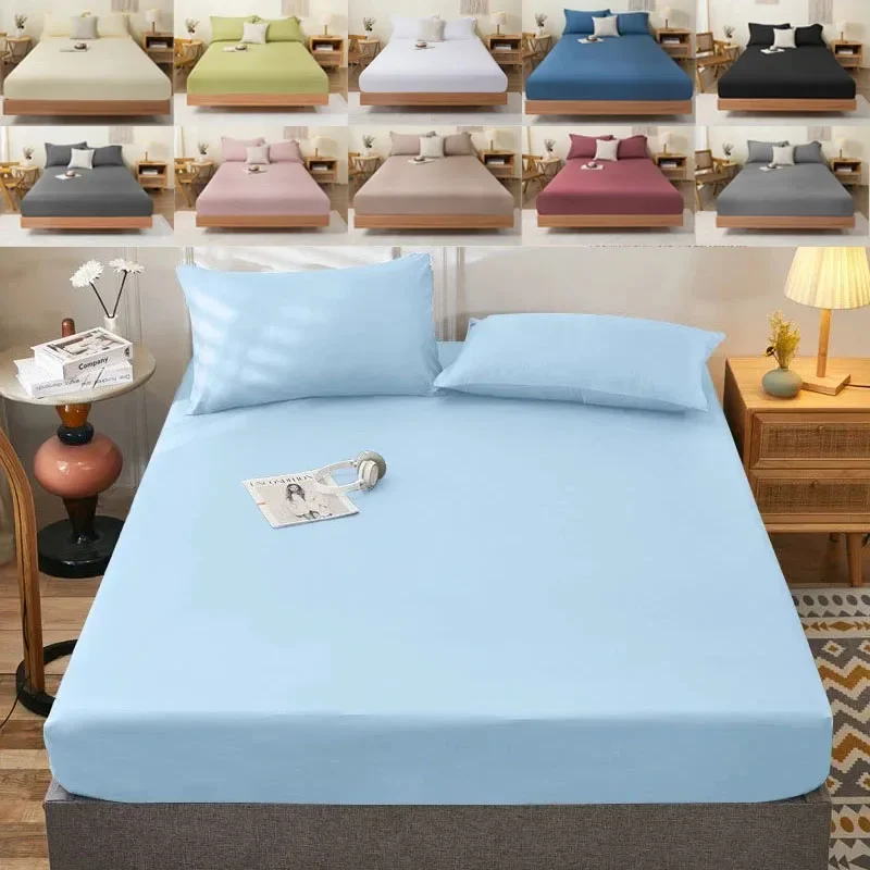 Bed 90/120/150/180M Fitted Bed Sheet with Elastic Band Solid Color Mattress Covers Protector Single Double King Bed 100% Cotton