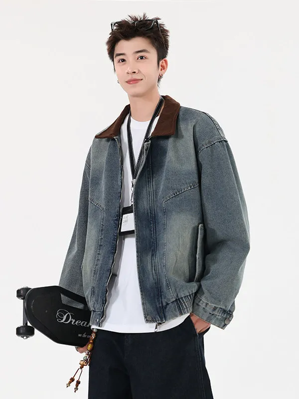 

TANGZ Studio American Retro PU Leather Denim Jaet Men's Trendy Loose BF Collar Workwear Jaet Youthful ular Sle