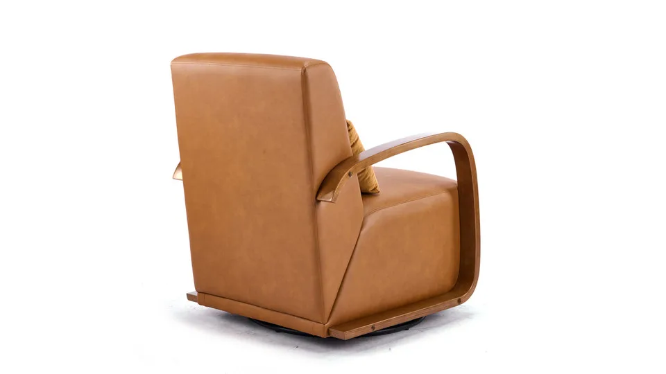 

Leather swivel armchair with curved solid wood armrests and pillows