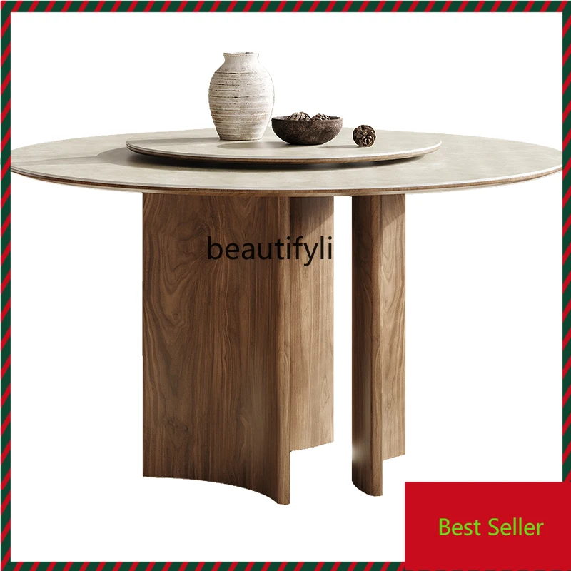 

G1218 French retro solid wood dining table round with turntable home modern simple style designer rock slab round table