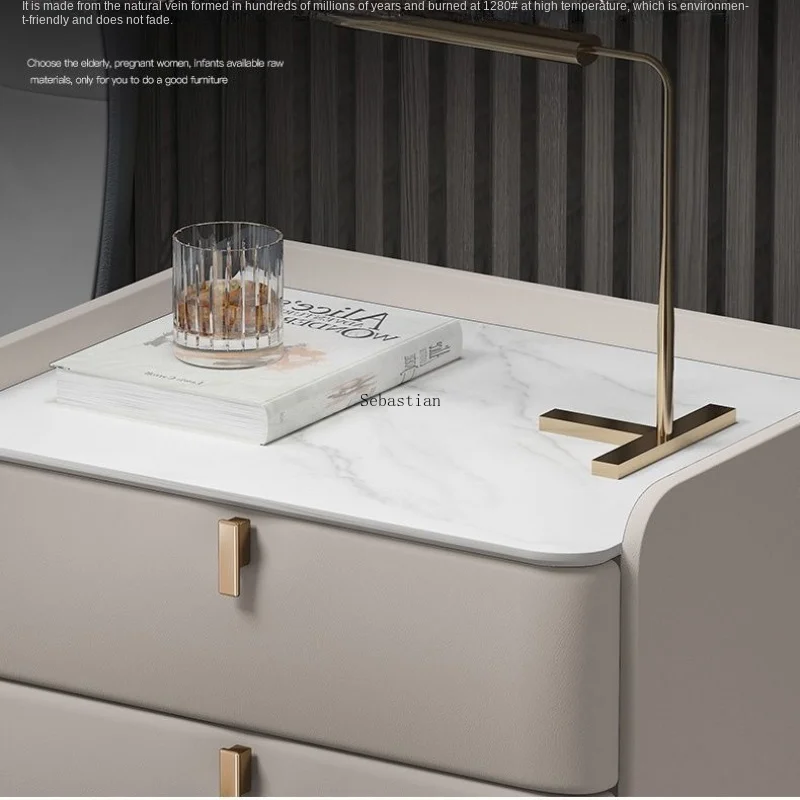 Light luxury solid wood, minimalist modern storage, three-layer storage, leather rock board, bedroom bedside cabinet