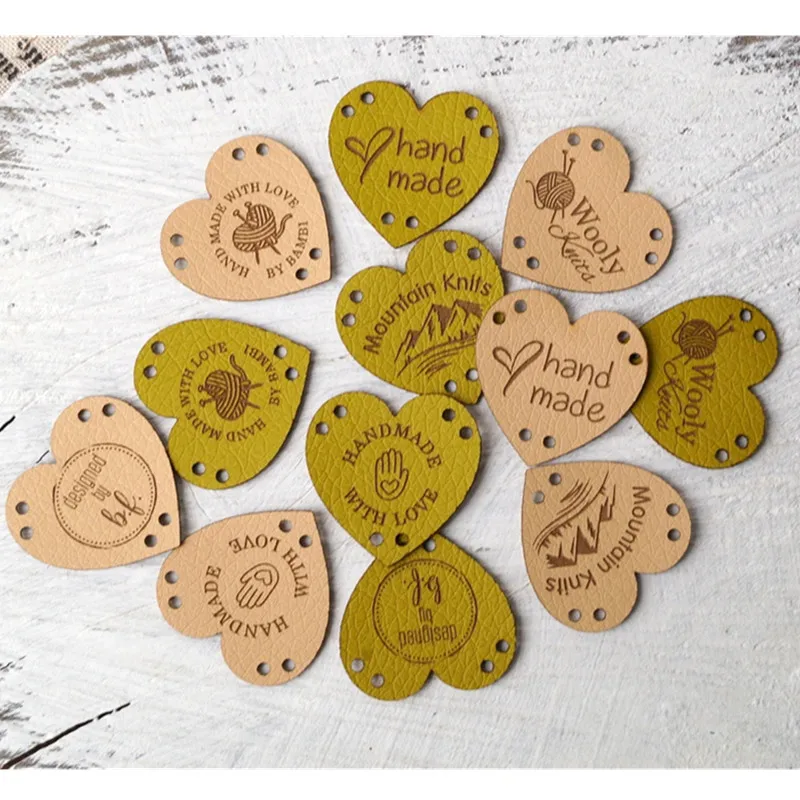 

30pcs Personalized sewing Heart labels for clothes crochet Handmade leather tags with logo Customize label for handcraft items