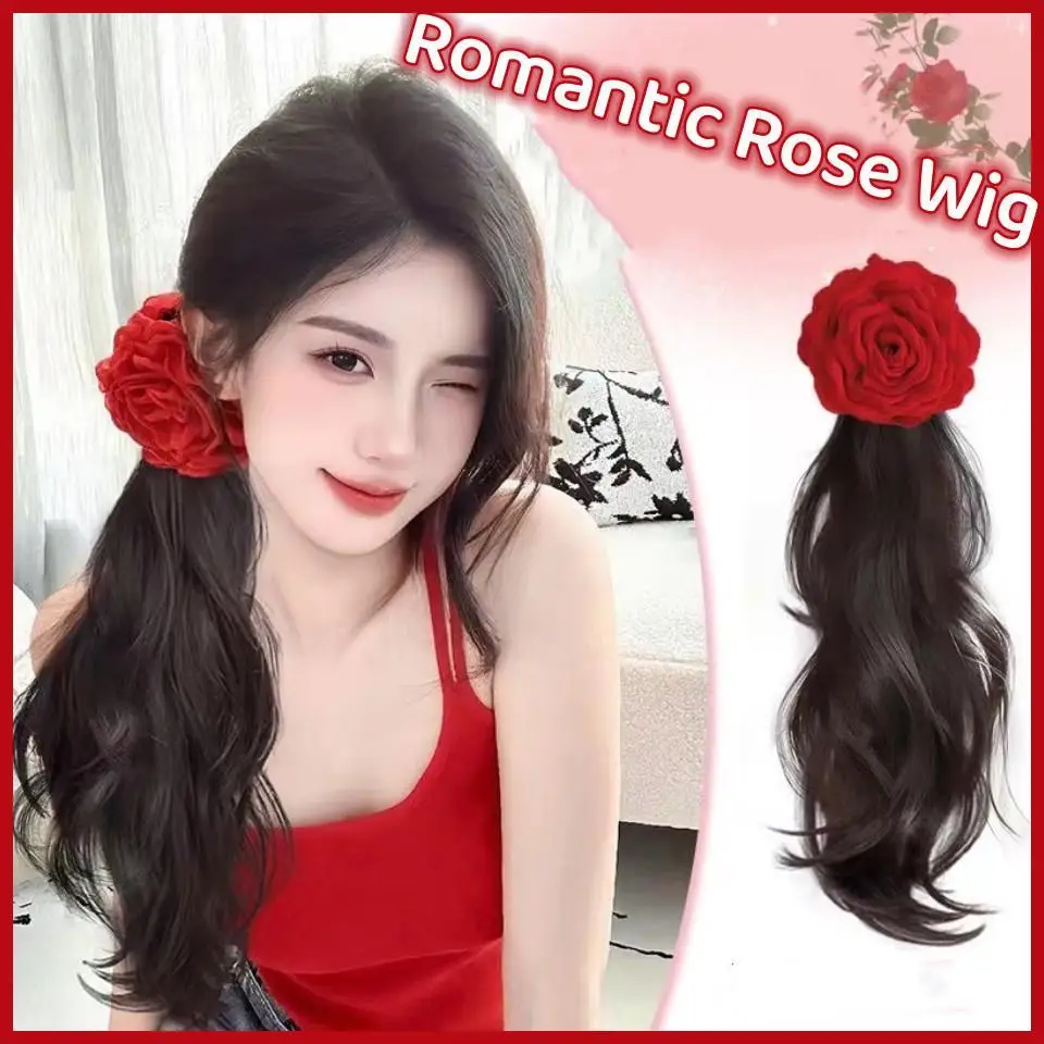 YANKUN Korean Ins Style Pink Rose Rose Flower Long Curly Ponytail Wig for Women Fashion Temperament Hair Accessories