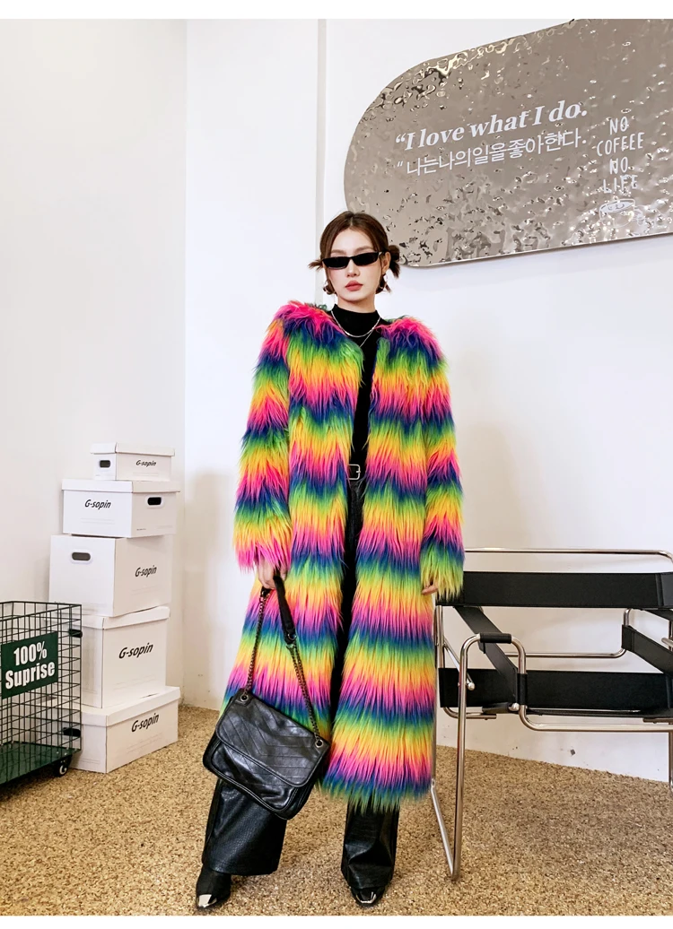 Lady Personalized Rainbow Color Faux Fur Coat Long Jacket Female Streetwear Winter Clothing for Women Performance Costume