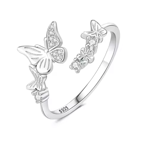 PANPOKI S925 Sterling Silver Butterfly Insect Flower Opening Ring For Women Original Finger Ring Jewelry Party Fine Trendy Gift