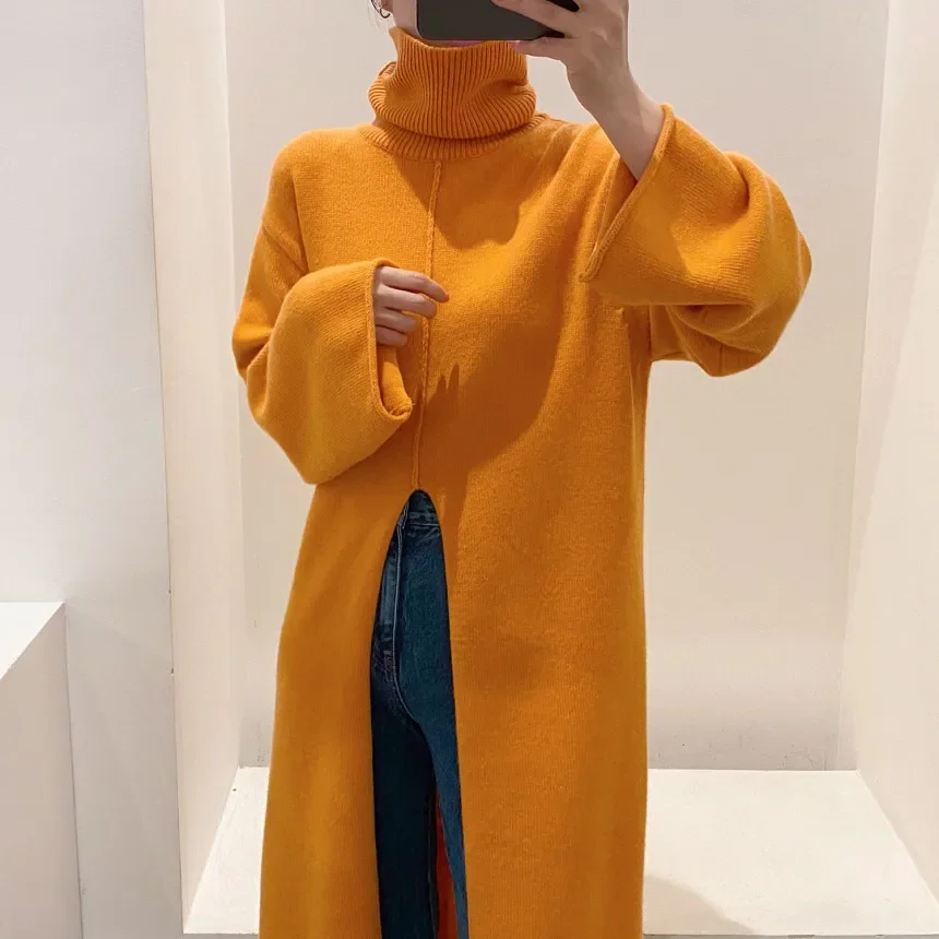 

Orange Split Woolen Dress Women Chic Autumn Winter Turtleneck Soft Long Sweater Dresses Ladies Clothing Fall Knitwear Loose