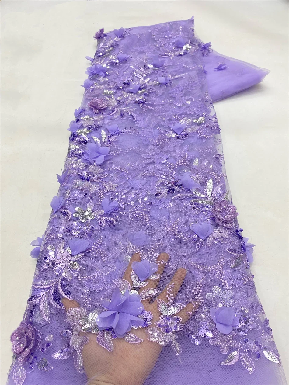 

3D Beads Lace Fabric 2025 High Quality Mesh Embroidery Applique 3D Flower Tulle Nigerian Lace Fabric for Bridal HXZ6263