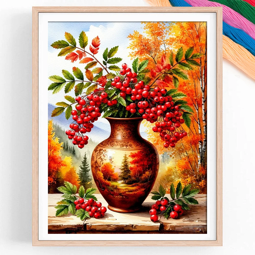 Nuevo Kit de Bordado de Punto de Cruz con Diseño de Flores, Hilo de Algodón 11CT, Ramas de Arándanos Rojos Impresas en Vaso, Decoración para el Hogar
