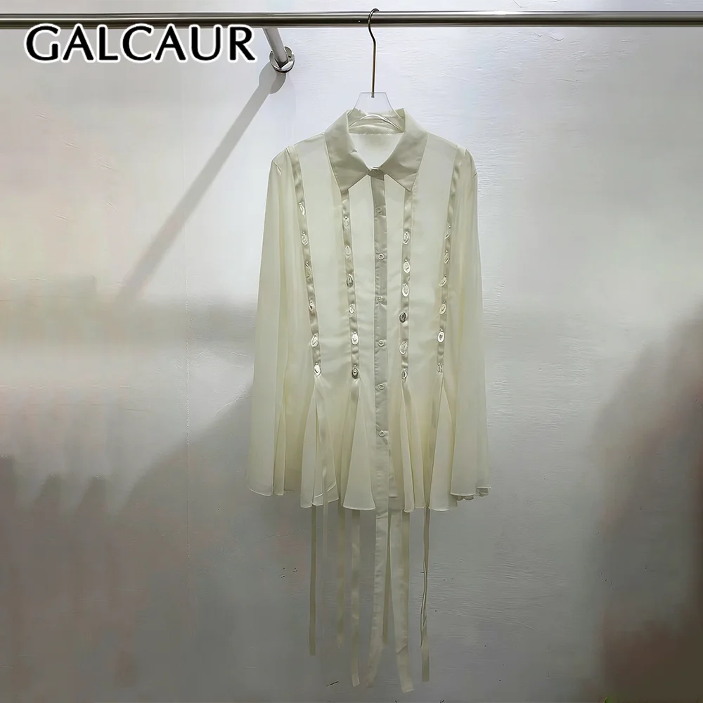 

GALCAUR Solid Slimming Spliced Single Buttons Blouse for Women Lapel Long Sleeves Patchwork Sequins Causal Top Female Fashion