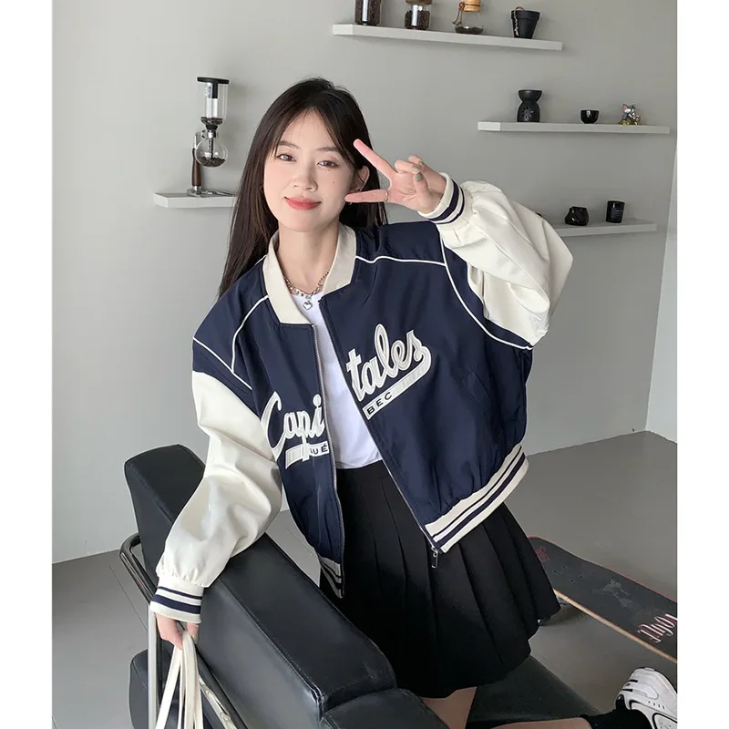 

Vintage Letter Embroidery Short Baseball Jacket for Women Spring High Street Color Clash Outwear Y2k Korean Oversize Sportswear