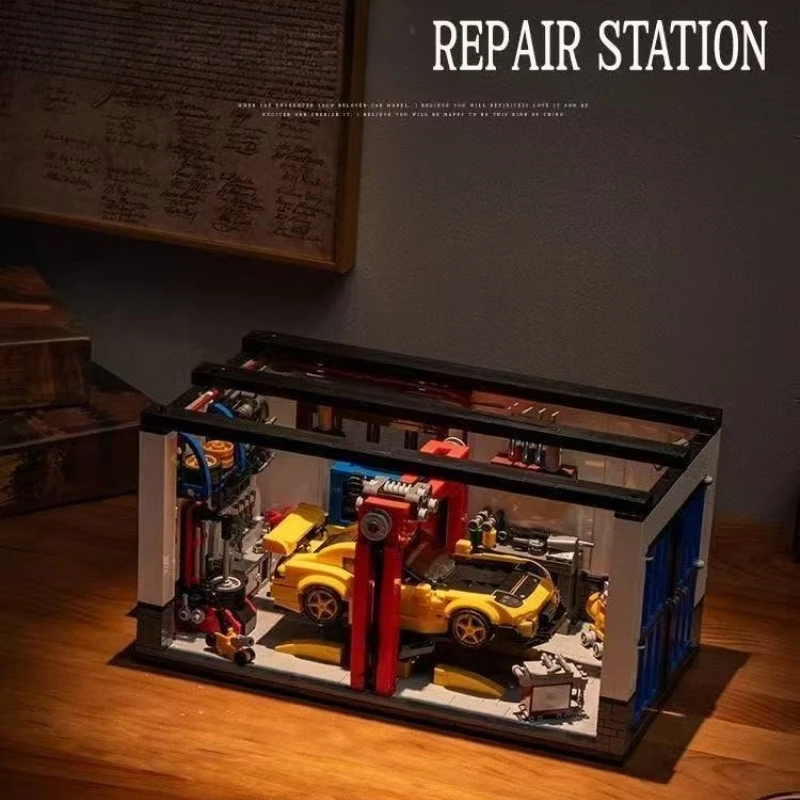 

With Box MOC City Spped Racing Sports Car Repair Garage Building Blocks DIY Assembly Bricks Ornament Toys for Kids Adults Boys