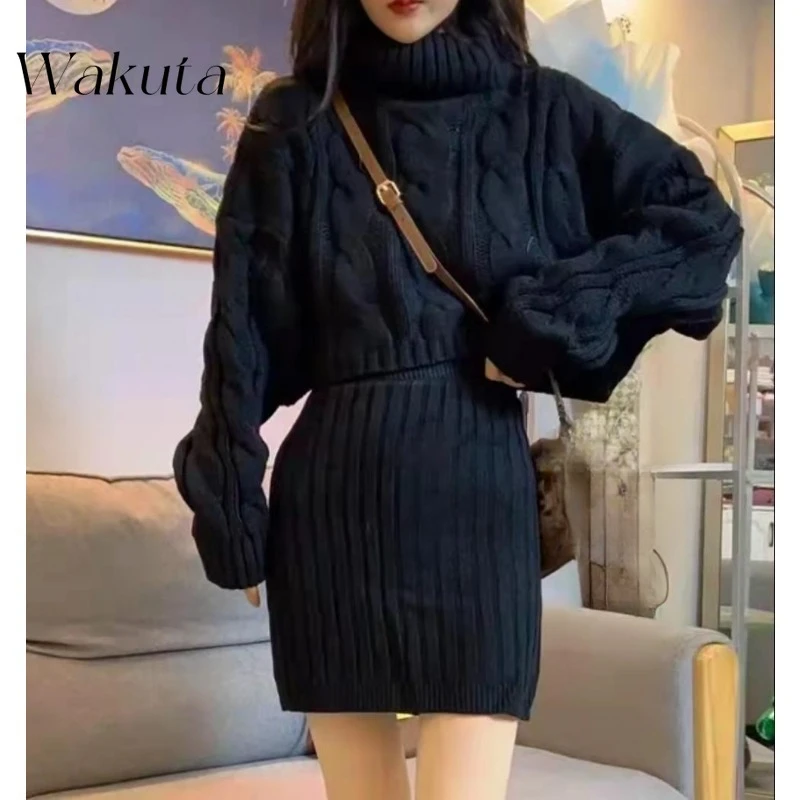 WAKUTA Korean Chic Spring Autumn Languid Style High Neck Long Sleeve Fried Dough Twists Knitting Hip Skirt Set Two Piece Sets