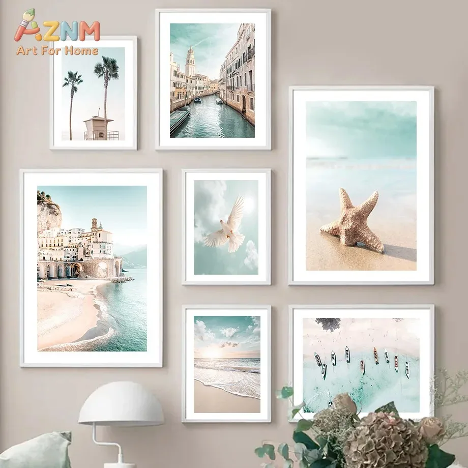 AZNM Coastal Beach Canvas Wall Art Seaside Town Palm Tree Starfish Ocean Scenery Photo Print Frameless Canvas Painting Living Ro