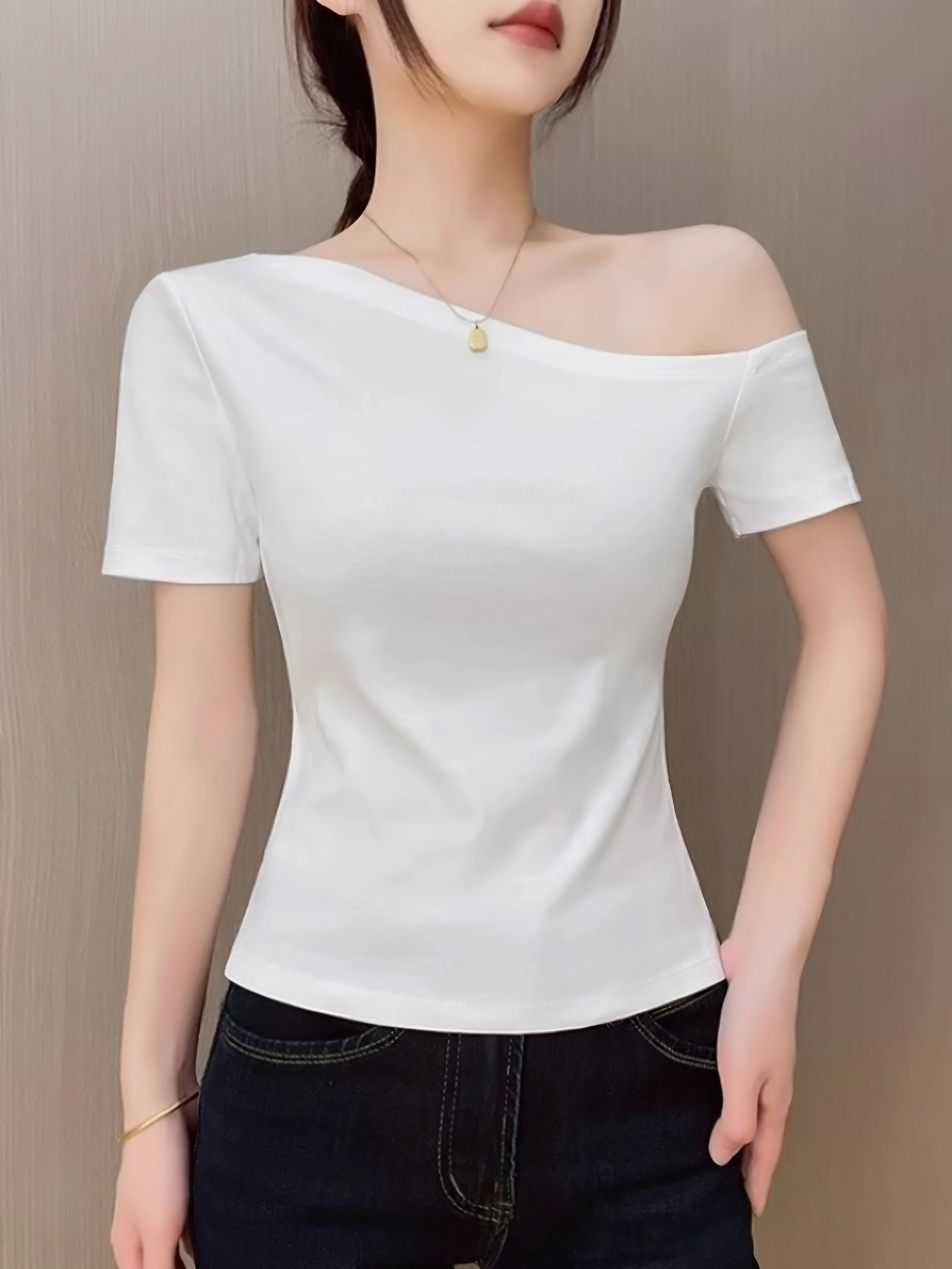 Slim Fit Short Sleeve T-Shirt Women's 95 Cotton Side Shoulder Summer New Style plus Size Flattering Body Shaping Top