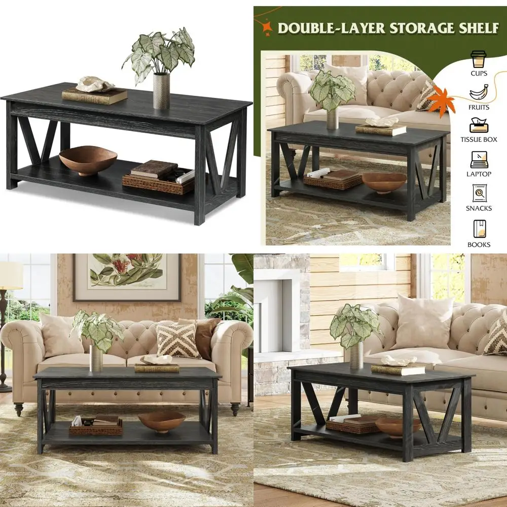 

Farmhouse Style Living Room Coffee Table with Storage Shelf and V-Shaped Support, Sturdy Wood Center Table for Rustic Home Decor