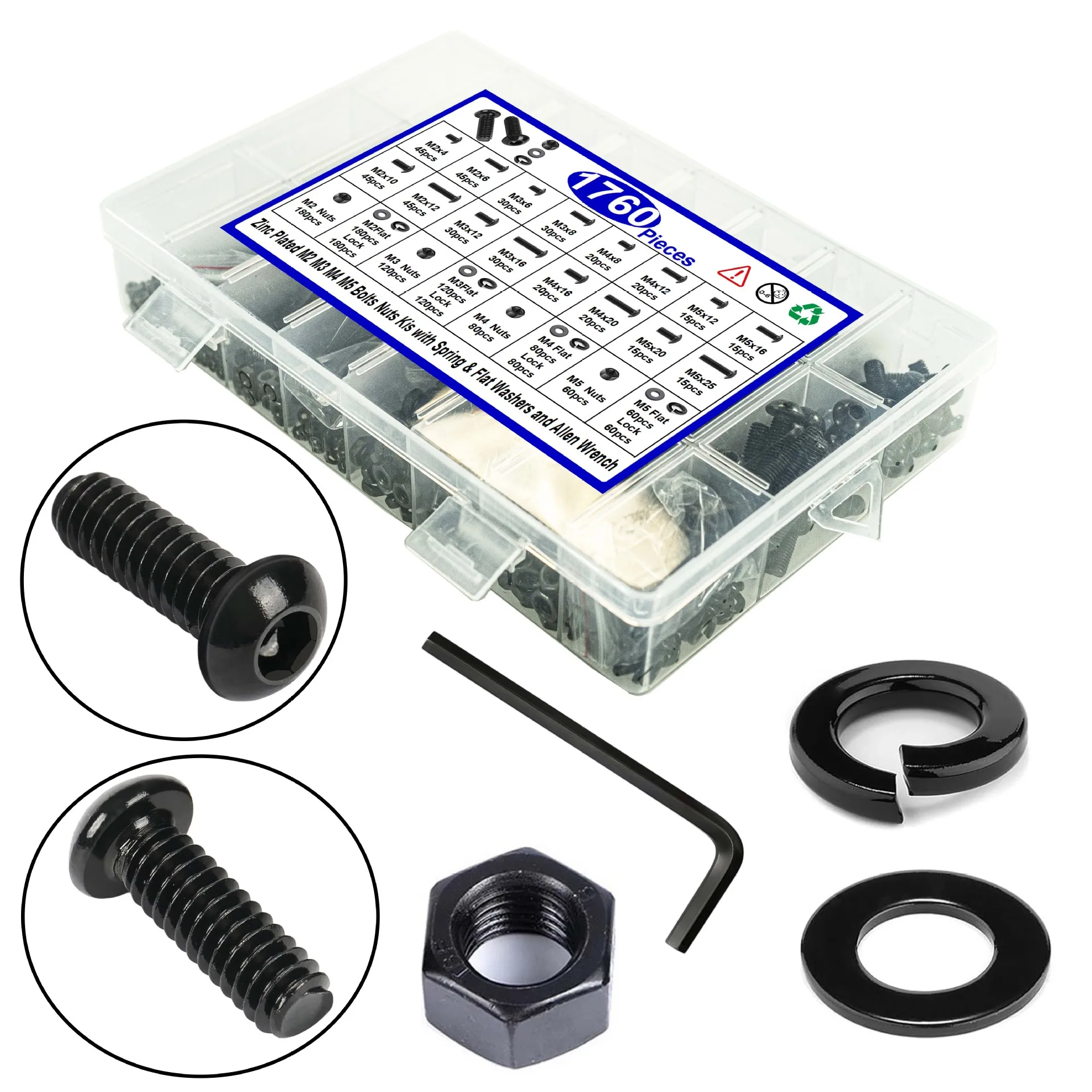 

1760 Pcs screw set M2M3M4M5*4/6/8/10/12/16/20/25,Hex Hexagon Socket Button & round Head Screws Nuts Washer Kit 10.9 Alloy steel