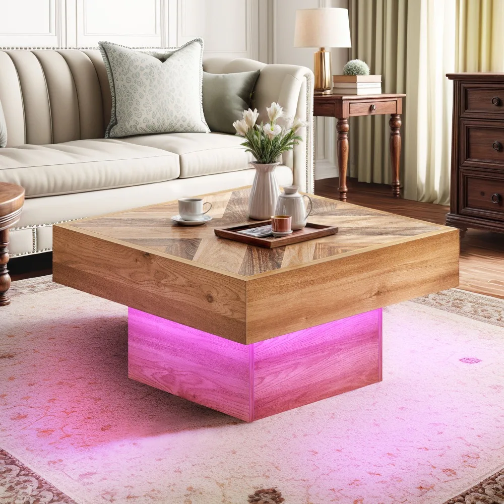 

Square Coffee Table Adjustable LED w/ Water & Scratchproof Wood & Hidden Drawers