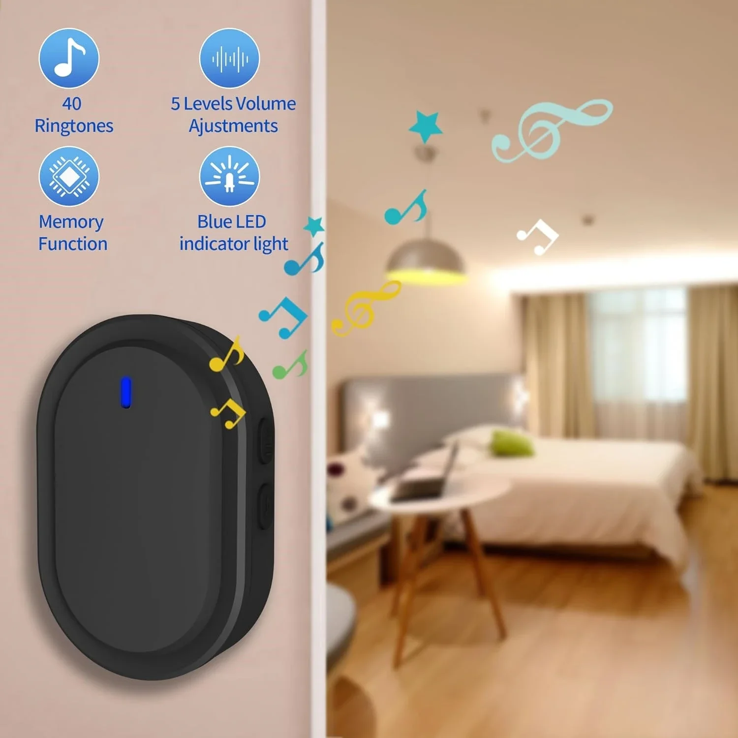 Wireless Doorbell, 39 Melodies 5 Volume Levels & LED Flash for Home Office Kid Room Hearing Impaired