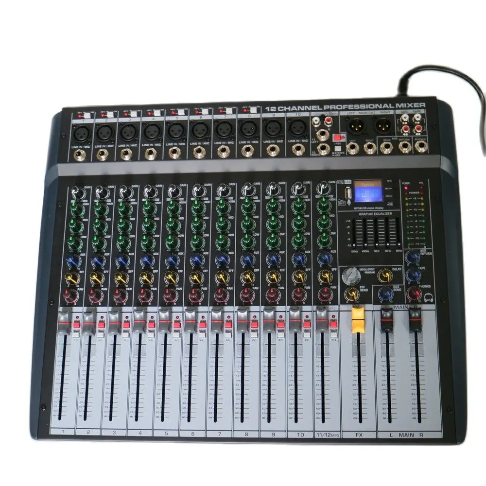 Professional 12-Input Audio Mixer with 2400W Dual Output Power Amplifier 12 Channel Sound Mixing Console DSP 48V USB Digital AMP