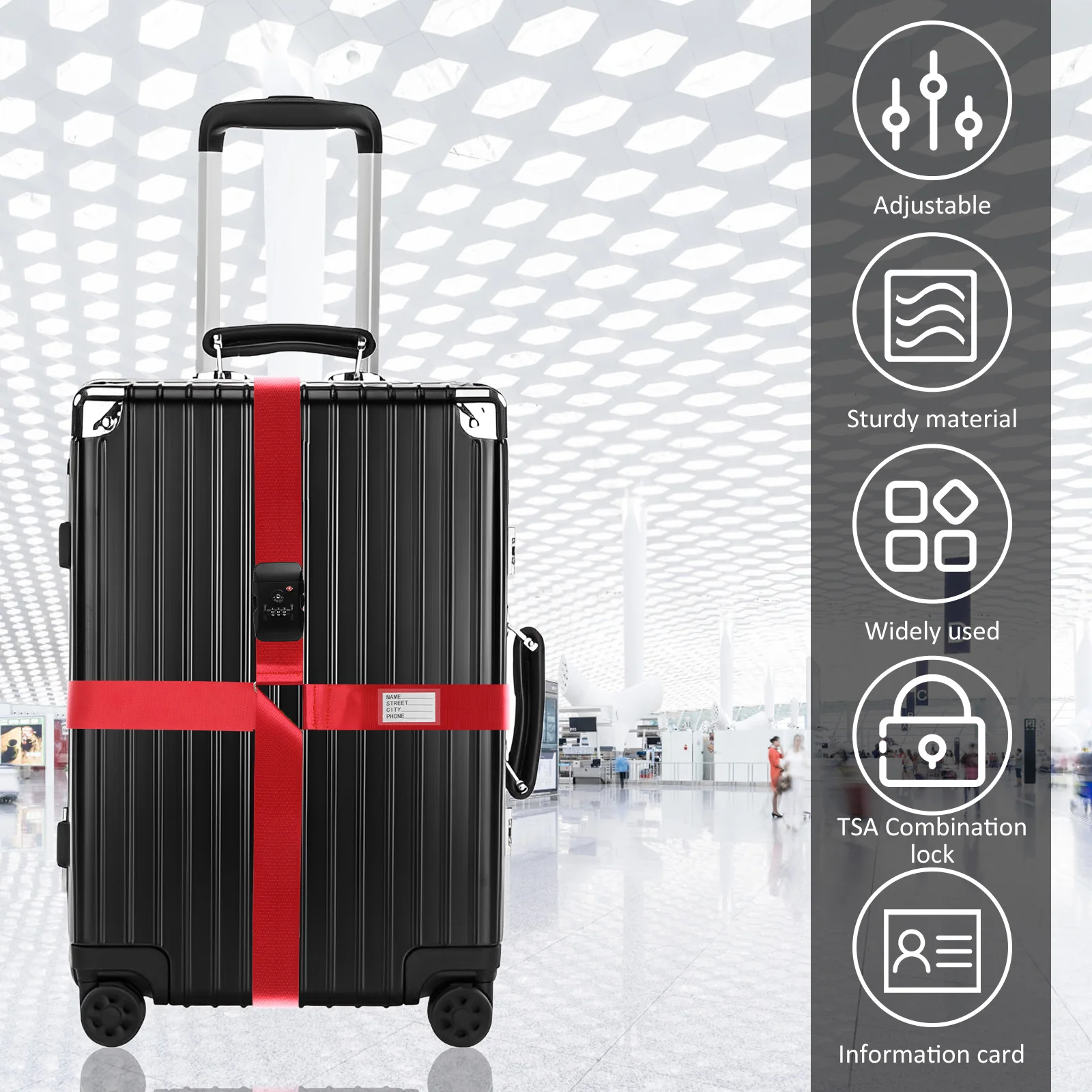 Cross Luggage Strap TSA Customs Lock Luggage Strap Adjustable Length Suitcase Belt with Clear ID Tag Durable Luggage Travel Belt