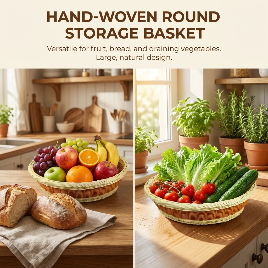 Round Handwoven Storage Basket Fruit Bread Vegetable Drainer Natural Material Multi Functional Kitchen Home