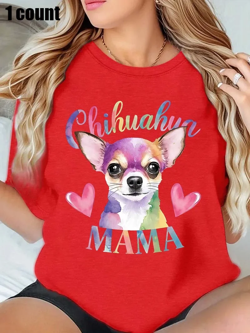 بالإضافة إلى - تي شيرت أبيض برقبة دائرية - قميص مع تشيهواهوا - ماما - طباعة تحت عنوان: حيوان أليف - محب وملون - مصمم
