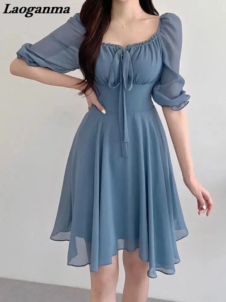 

Sexy Puff Sleeve Mini Dresses for Women Korean Elegant High Waist Ruffles Chic Femme Robe Lace Up New Female Dress Summer