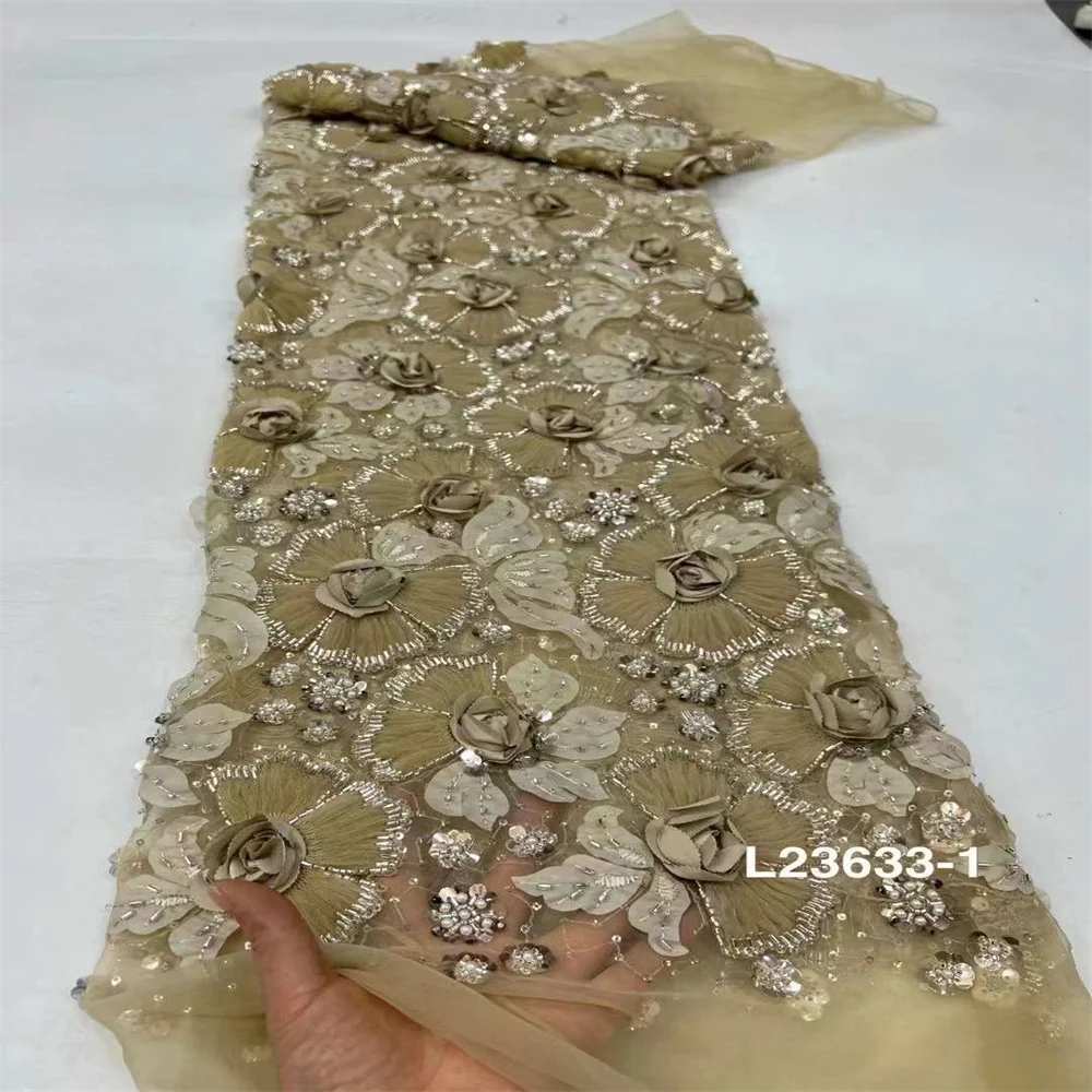 2024 High-End French Tulle Embroidery 3D Flowers Applique Fabric Material Beaded Sequins Laces Bridal Fabrics for Wedding Sewing