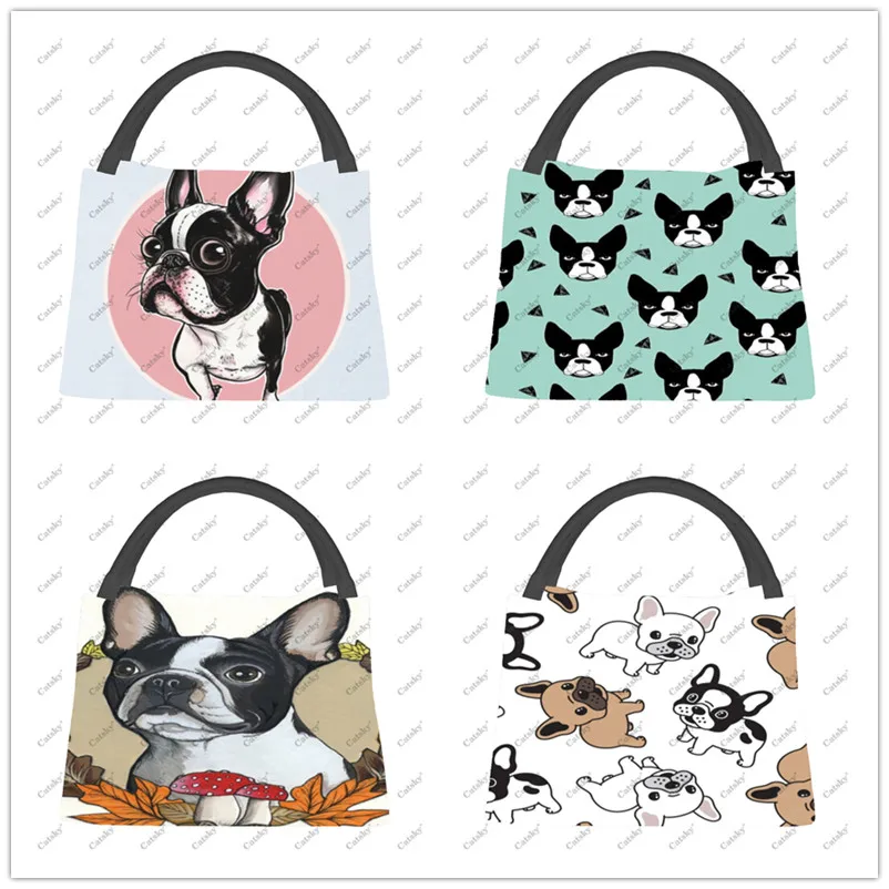 Tas Tote makan siang portabel anjing, tas makan siang insulasi tebal aluminium Foil portabel kartun Boston Terrier, tas Tote makan siang tahan air