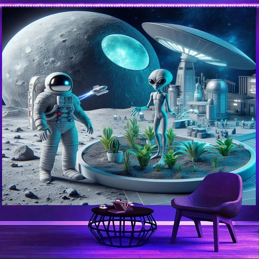 1PC Astronaut Alien Moon Base Print Backdrop Banner, Bedroom Living Room Photo Background, Polyester, Home Decor, Wall Art