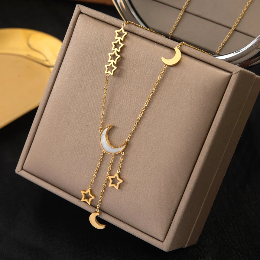 316L Stainless Steel New Fashion Upscale Jewelry Embed Natural Shell Stars Moon Charms Chain Choker Necklaces Pendants For Women