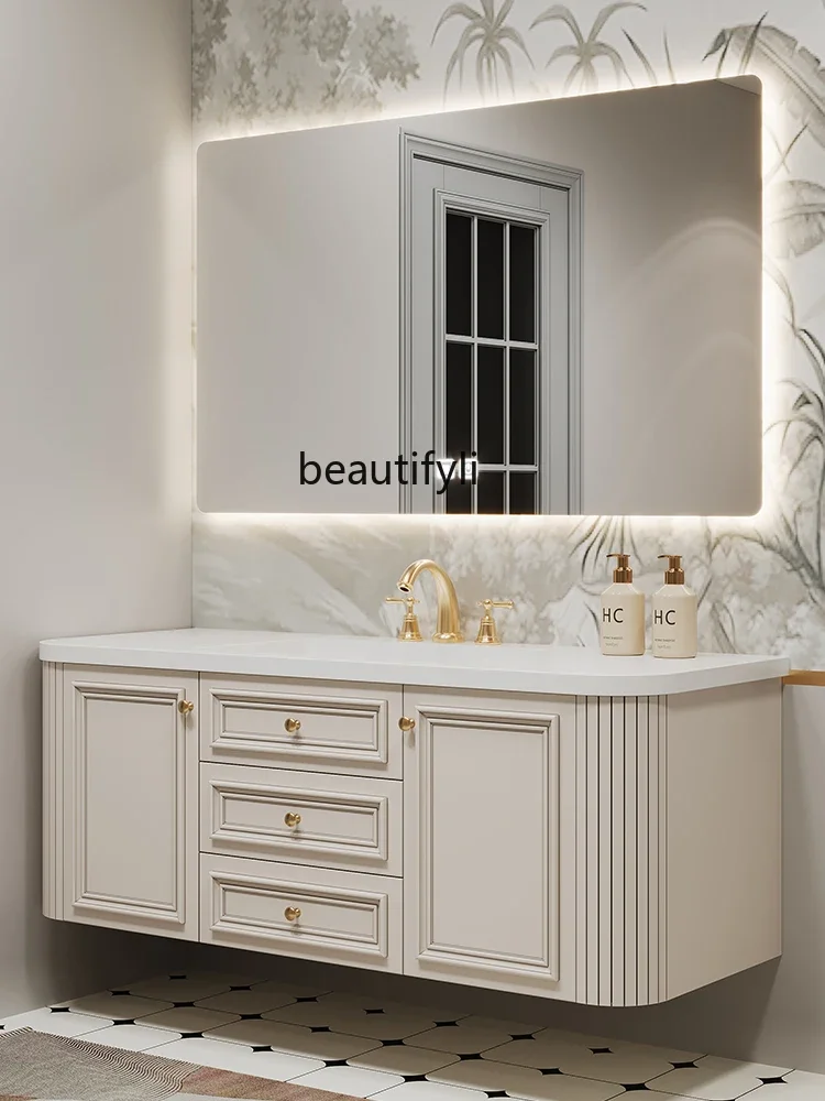 French Retro Bathroom Cabinet Oak Bathroom New Stone Plate Seamless Hand Washing Bathroom Cabinet Combination