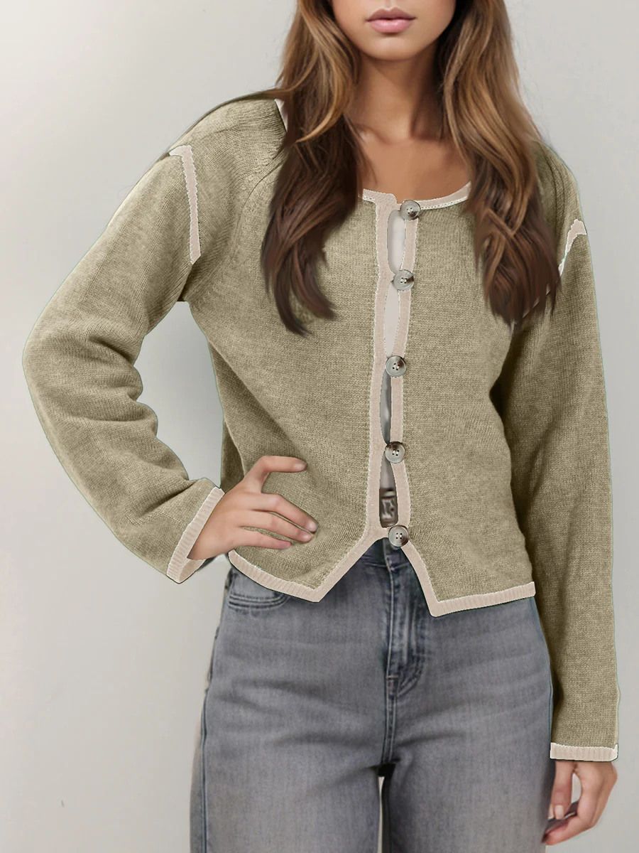 Women s Knit Cardigan Contrast Color Stitching Long Wide Sleeve Button-front Closure Sweaters