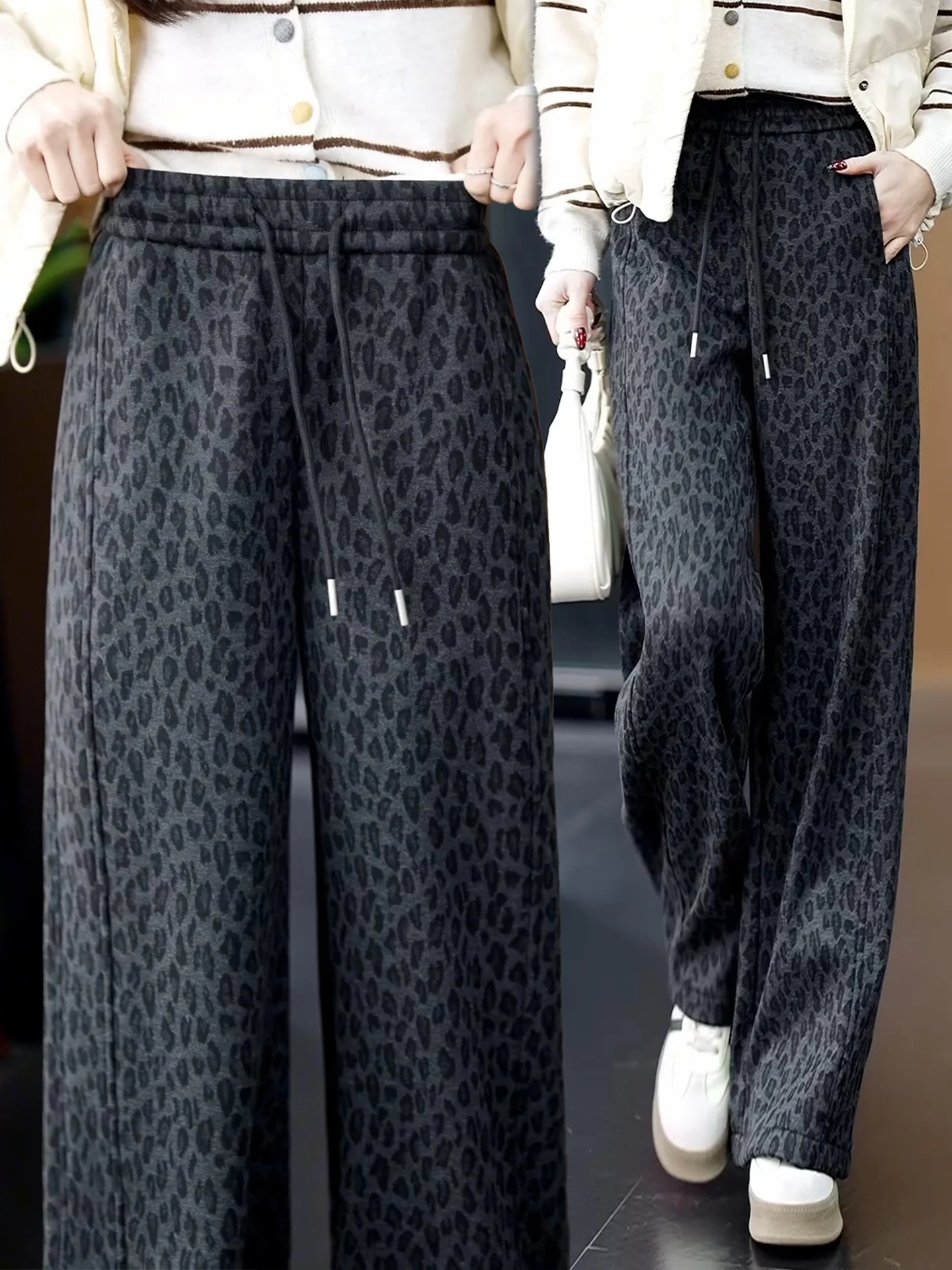 

High Waist Fleece Lined Wide Leg Pants Women's Autumn Winter Casual Straight Cut Trousers Draping Sensation Loose Fit Trousers