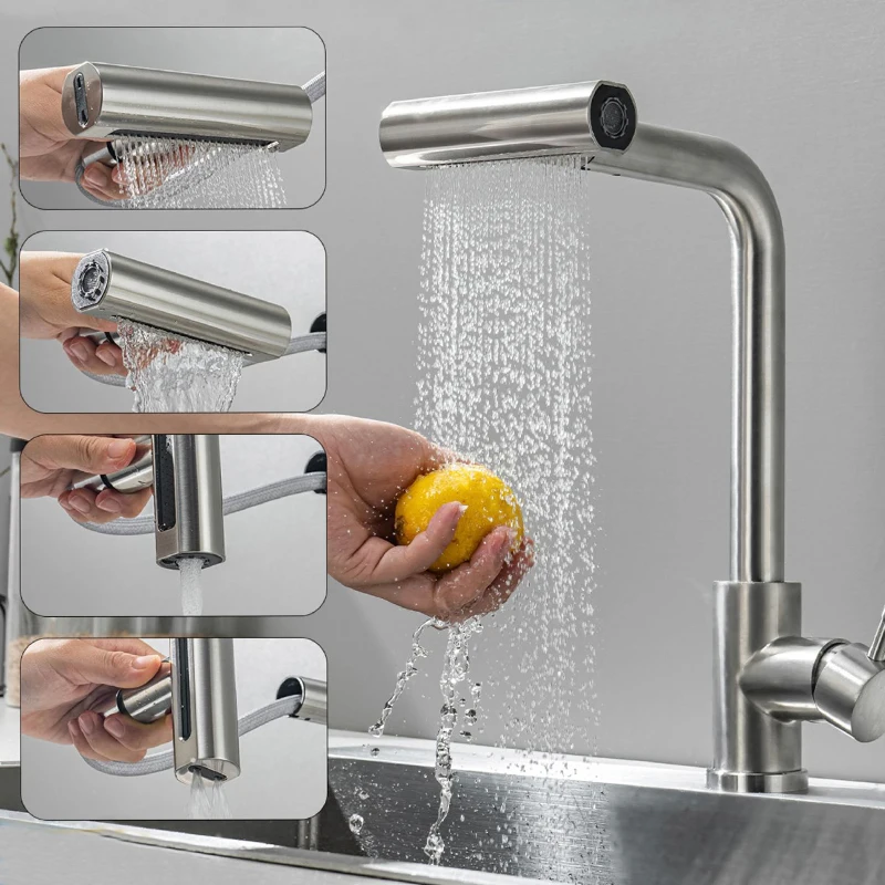 304 Stainless Steel Pull-out Kitchen Faucet Waterfall Hot And Cold Mixed Water Sink Tap Multi-function Rinse Rotate