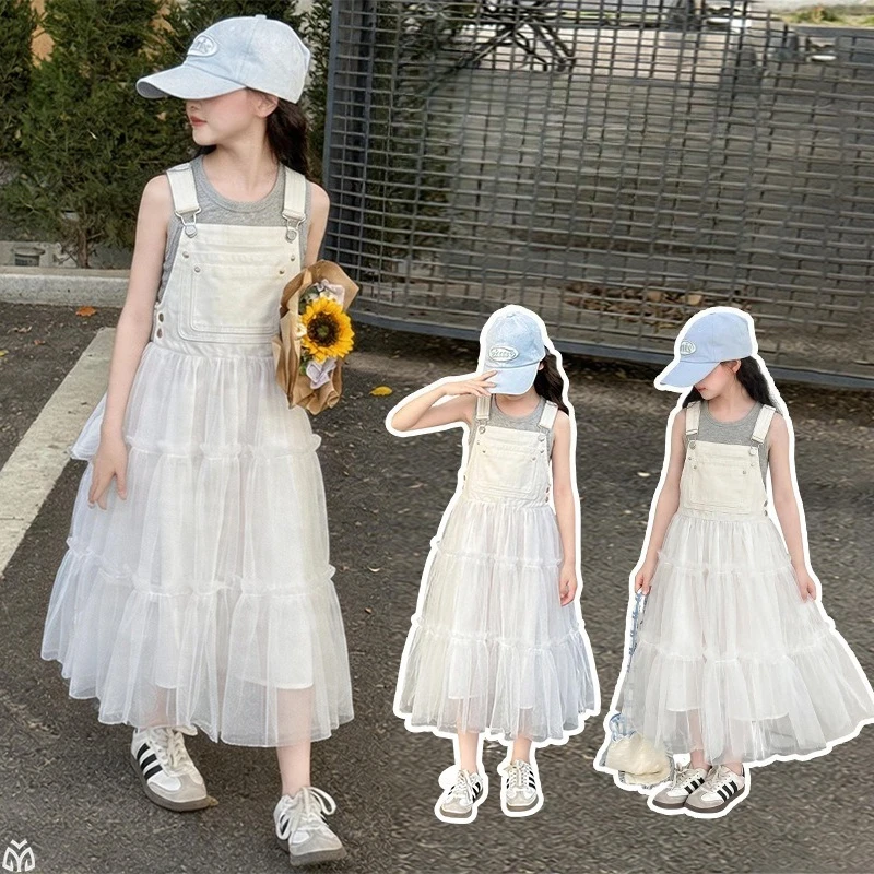 

2026 New Summer Girls Mesh Suspender Dress Sets Fashion Sweet Princess 2 Pieces Outfit Teenage Girls Clothes