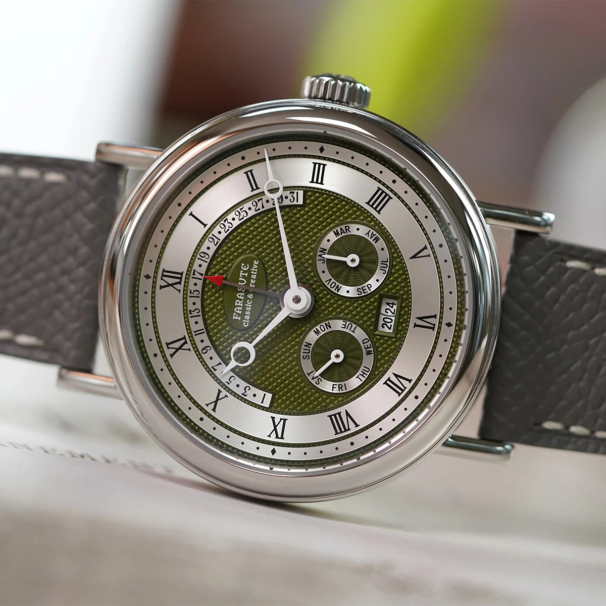 

FARASUTE мужские автоматические часы 38 мм механические наручные часы 3 бара сапфировое зеркало функция обратного хода год месяц неделя дата